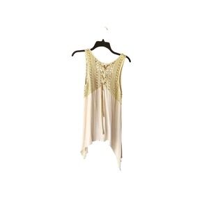 A'reve Cream Crochet Lace Up Tassel Sleeveless Sharkbite Hem Boho Tunic Top S
